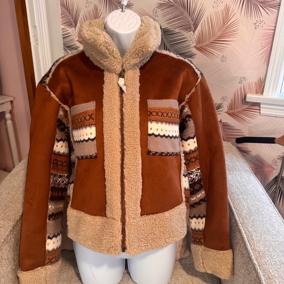 Southwestern Print Sweater Back Faux Suede Sherpa Lined Zip up Jacket - Picture 1 of 4